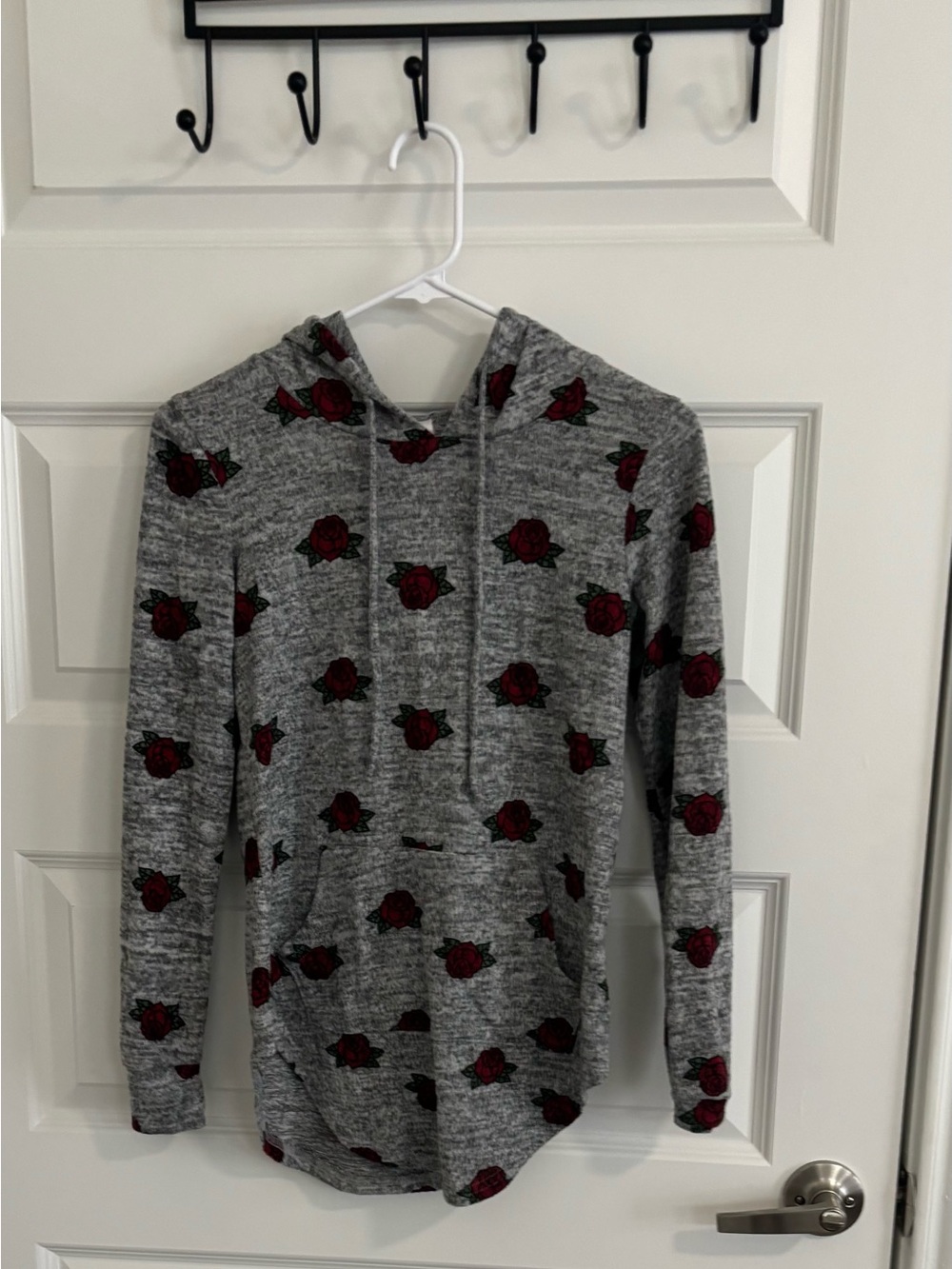 Gray Hoodie Sweater with Red Rose Print